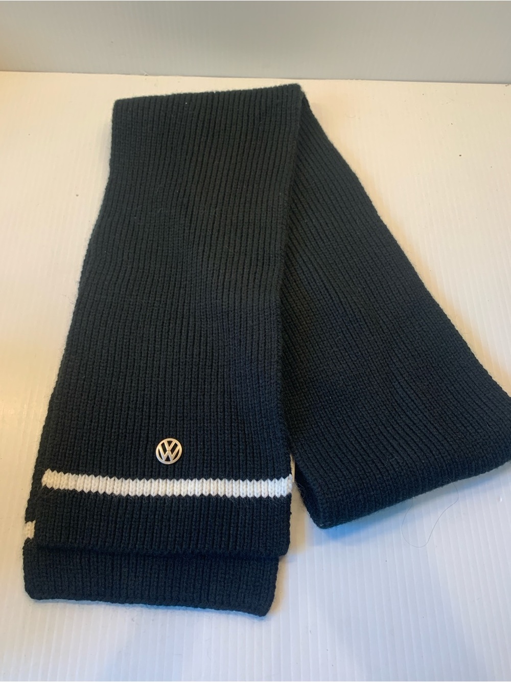 VW Logo Black Ribbed Knit Scarf with White Stripe